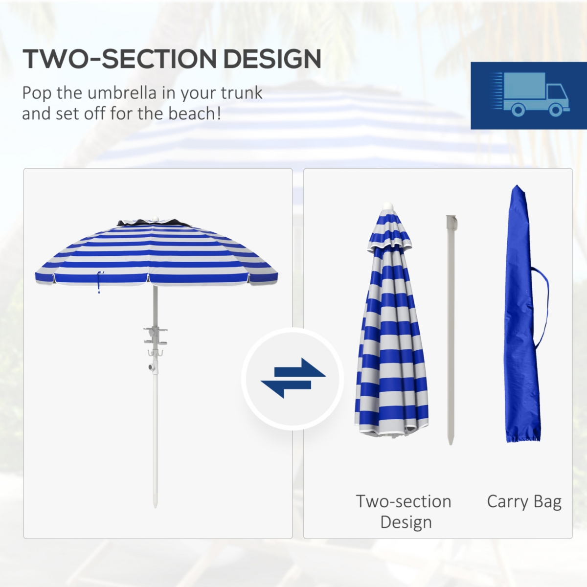 Streamdale Furniture 5.7' Portable Beach Umbrella with Tilt, Adjustable Height, 2 Cup Holders & Hooks, Uv 40+ Ruffled Outdoor Umbrella with Vented Can