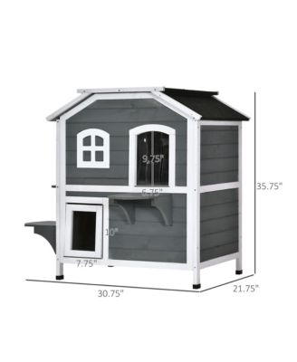2-story Cat House Outdoor, Weatherproof Wooden Cat Enclosure for Feral Cats with Escape Door, Openable Roof, Jumping Platforms, Gray