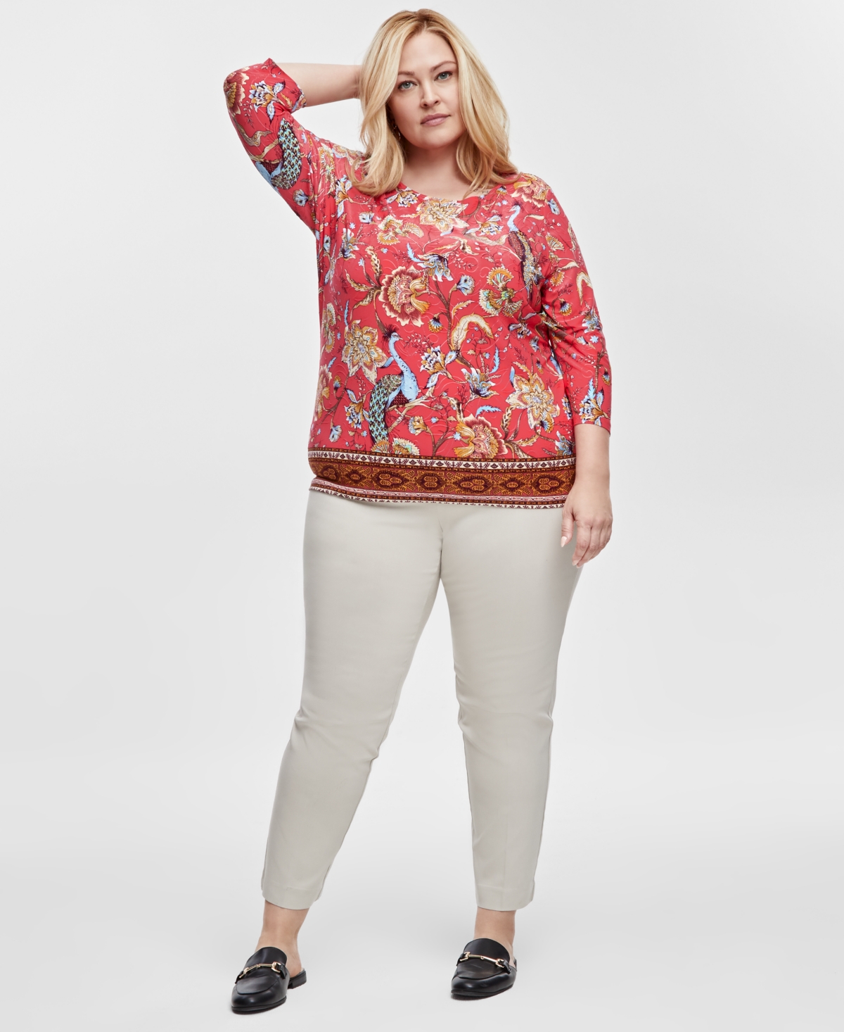Jm Collection Plus Size Floral-Print Jacquard 3/4-Sleeve Top, Exclusively at Macy's