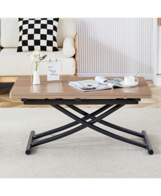 Modern minimalist multifunctional lifting table, 0.8-inch wood grain craft sticker desktop, black metal legs. 4 upholstered dining chairs with black metal legs. LT-10055 B0502