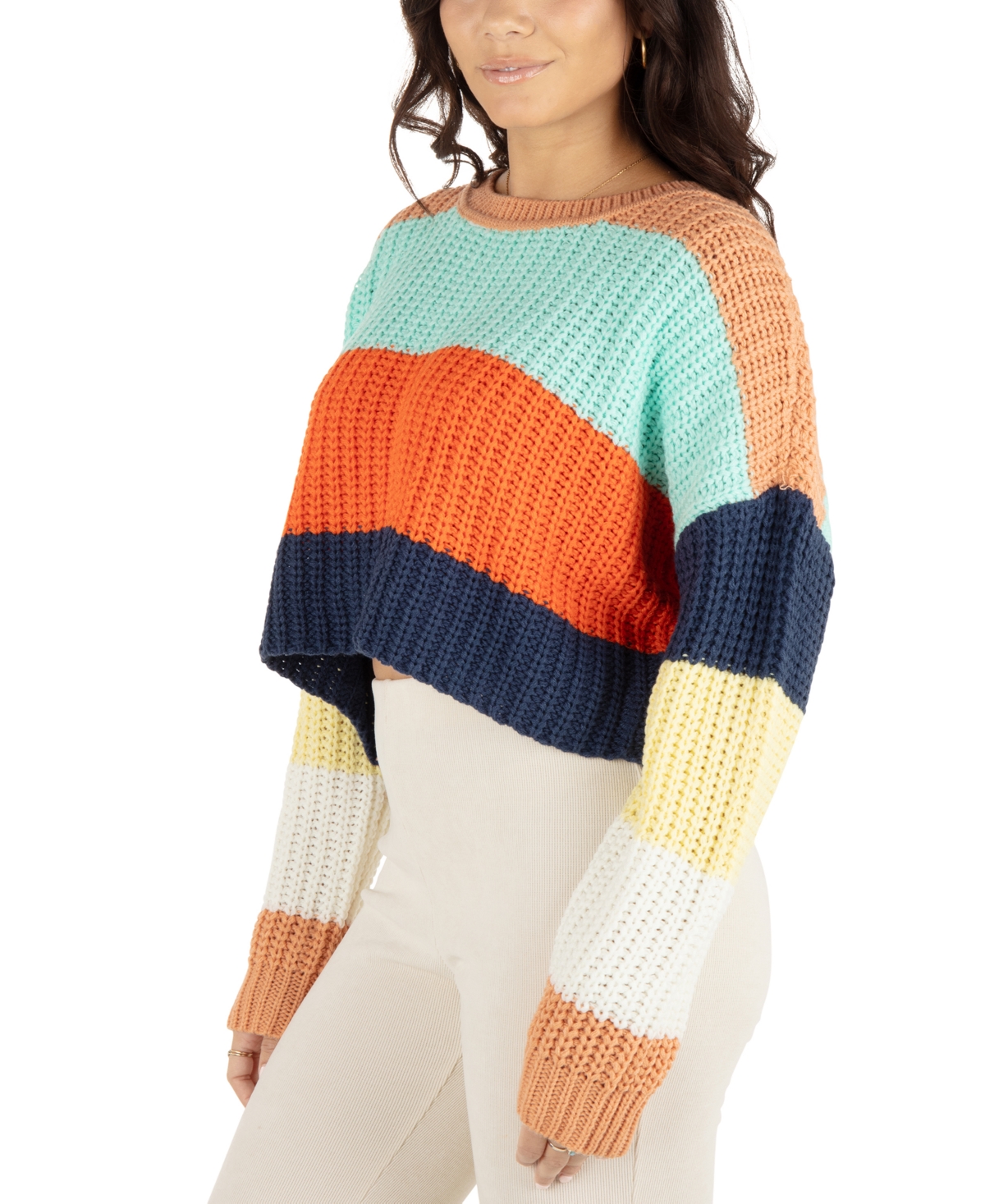 HURLEY JUNIORS' COLORBLOCKED CROPPED RIBBED SWEATER 