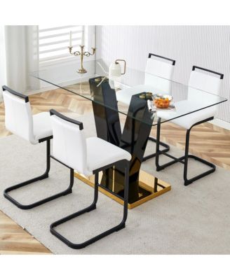 Table and chair set. A rectangular glass dining table with a 0.4-inch tempered glass tabletop and MDF board V-shaped bracket, paired with chairs consisting of PU seat cushions and black metal legs.