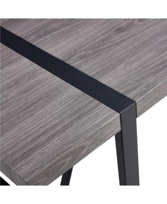 Table and chair set, textured top in vintage retro grey wood grain desktop, black metal legs. Dining chair with white faux leather backrest cushion with black metal legs.