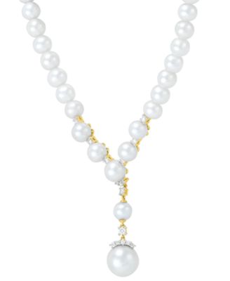 Cultured Freshwater Pearl (6-10mm) & Lab Grown Diamond (3/8 ct. t.w.) Lariat Necklace in 14k Gold, 16" + 2" extender