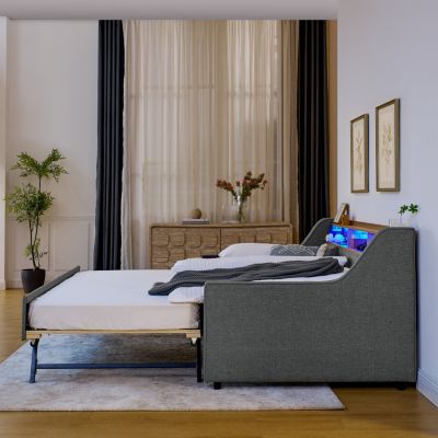 Twin Size Upholstery Sofa Bed with Three LED lights, with Storage Adjustable Headboard, with Foldable Leg Pull up Trundle Bed and Wireless Charging, Linen Padded Sofa Bed frame, Grey
