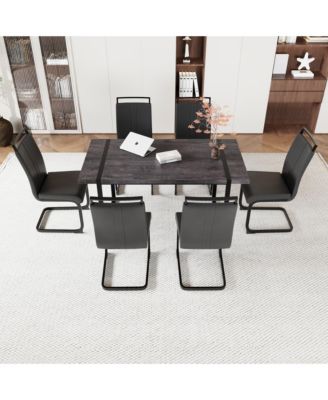 59" Rural Industrial Rectangular MDF Black Dining Table Set and PU Armless Dining Chair Set, 6 pieces. Kitchen Black Metal Table Leg Dining Chair Set