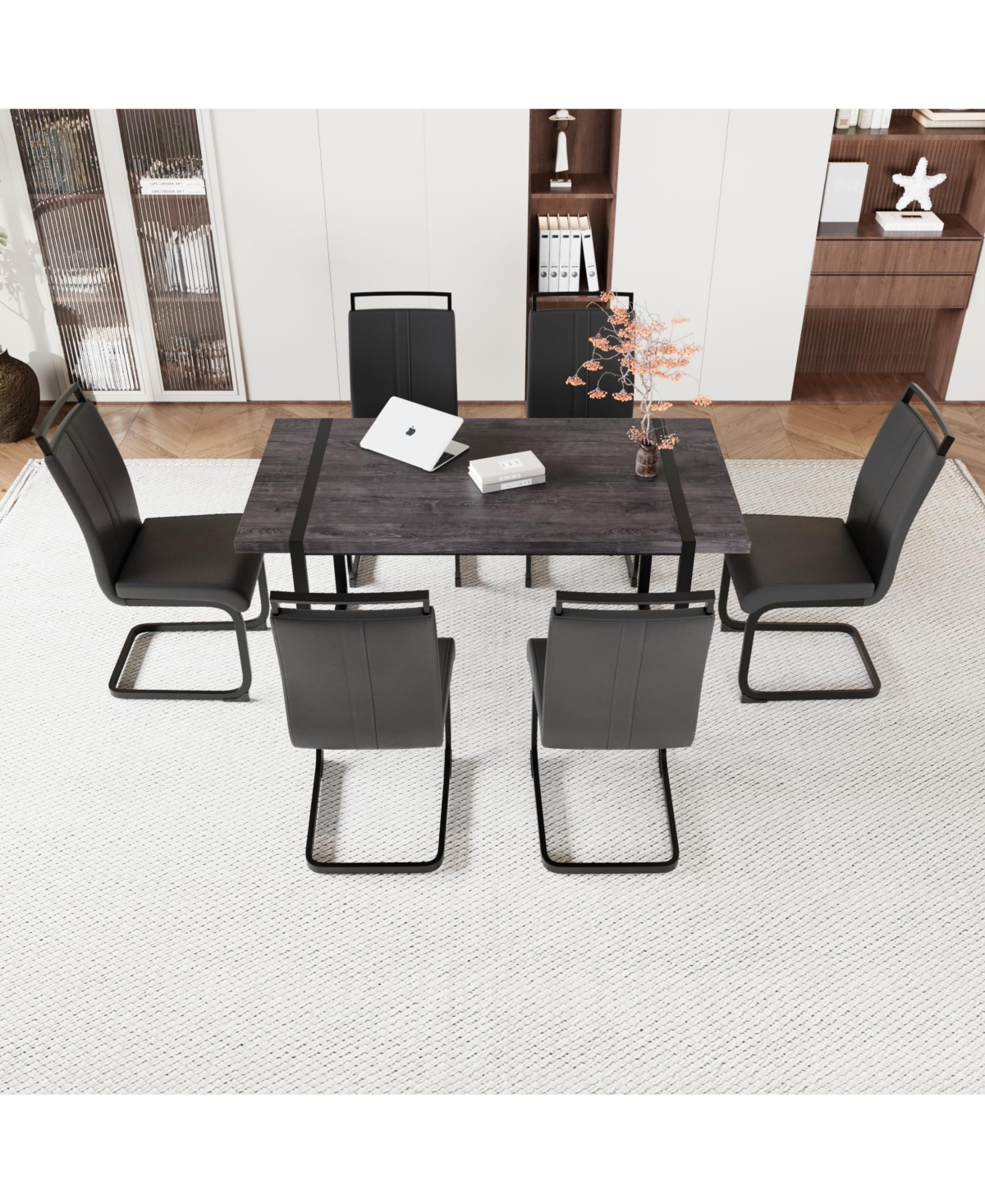 Streamdale Furniture 59" Rural Industrial Rectangular Mdf Black Dining Table Set and Pu Armless Dining Chair Set, 6 pieces. Kitchen Black Metal Table