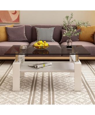 Rectangle Coffee Table, Tempered Glass Tabletop with MDF Layer, Modern Table for Living Room, Gray Glass