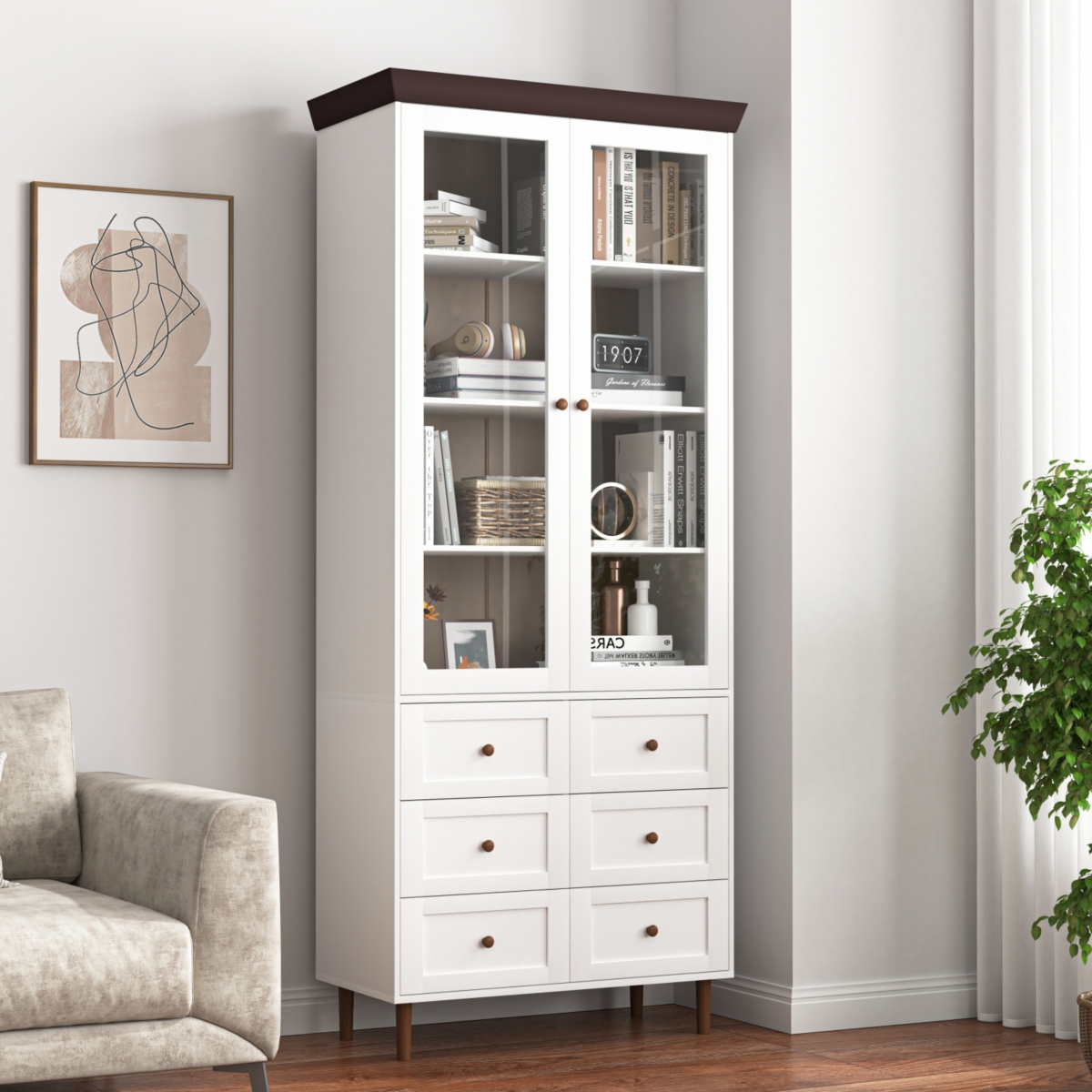 Streamdale Furniture White Mdf Display Storage Cabinet, Tall Kitchen Pantry Cabinets with Glass Doors and Adjustable Shelves, Freestanding Storage Cup