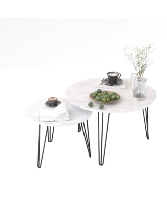 Round Nesting Coffee Table Set (2 Tables), Marble Top, Metal Base