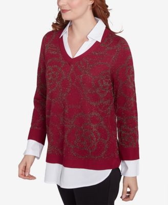 Petite Metallic Floral Layered Shirt Collar V-Neck Sweater