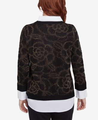 Petite Metallic Floral Layered Shirt Collar V-Neck Sweater