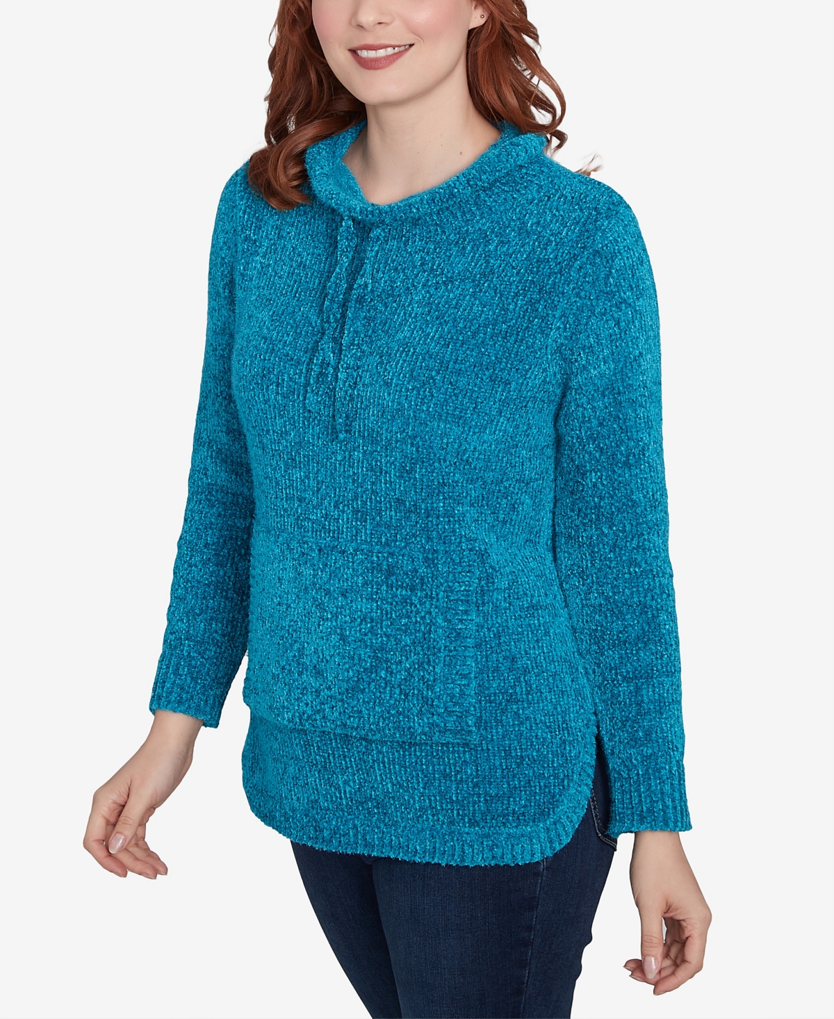 Ruby Rd. Petite Chenille Eyelash Pullover Pouch Pocket Funnel Neck Sweater