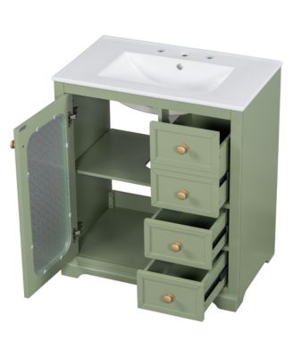 30-inch bathroom vanity with a soft close glass door, adjustable shelves, and three drawers