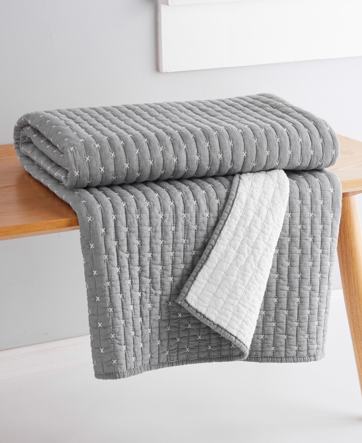 Levtex Cross Stitch Reversible Quilted Throw, 50" X 60" In Grey