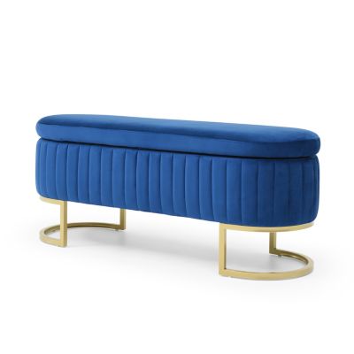 Storage Bench Bedroom Bench, Velvet Oval Upholstered End of Bed Bench with Golden Metal Legs,50" Modern Storage Ottoman Bench for Bedroom, Living Room, Entryway, Window, Blue