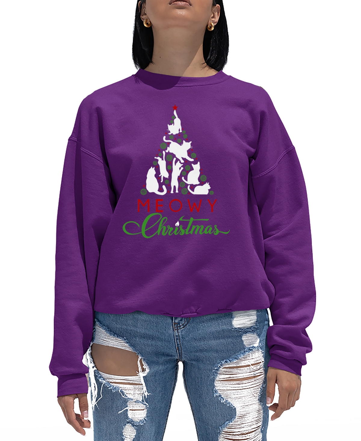 LA POP ART WOMEN'S MEOWY CHRISTMAS TREE WORD ART CREWNECK SWEATSHIRT 
