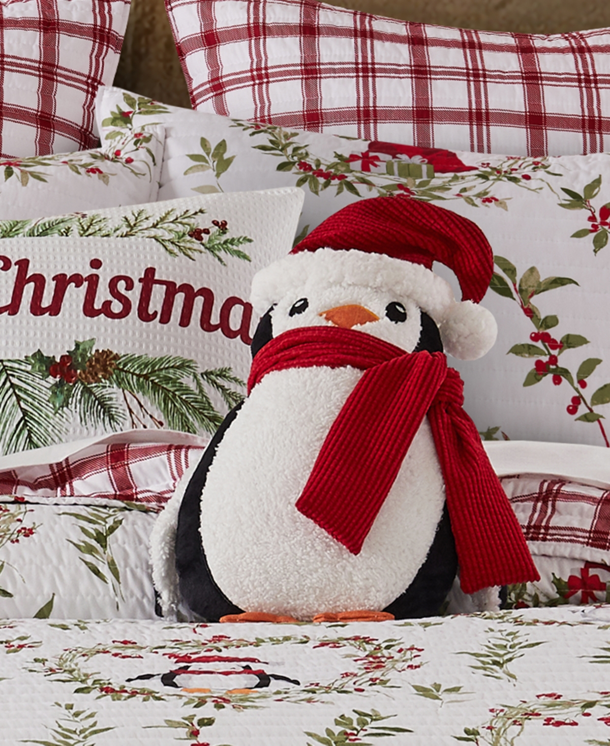 Levtex Merry Bright Pine Plaid Penguin Shaped Decorative Pillow, 13.5" X 9.5" In Red
