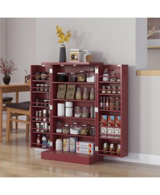 41" Kitchen Pantry Storage Cabinet, Freestanding Kitchen Cabinet with 12 Door Shelves, Double Doors, 5-tier Shelving and Adjustable Shelves, Painted Red