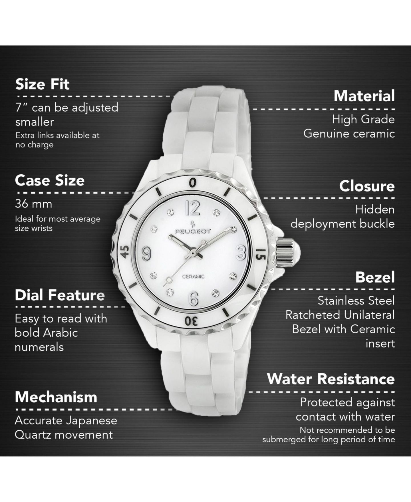 Женские часы Peugeot 36mm White Genuine Ceramic Strap Watch with Sport Bezel, цвет: Белый — фото 3