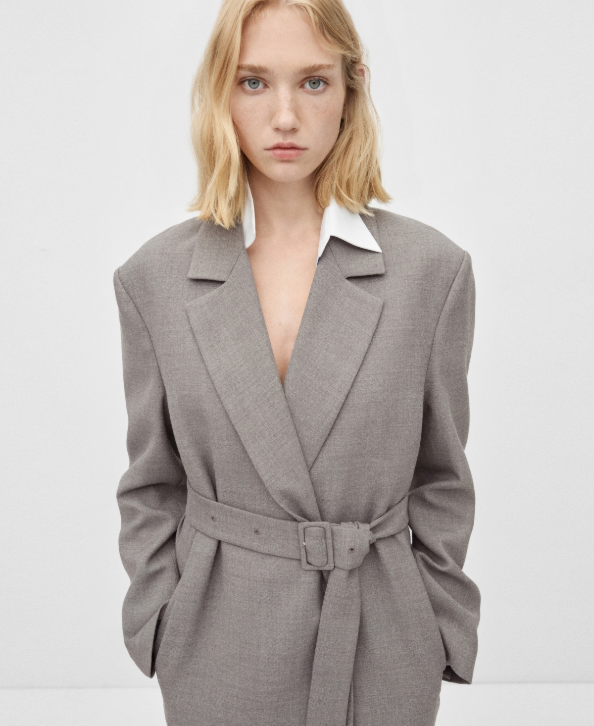 Mango Belted Double Breasted Coat Grey In Gray