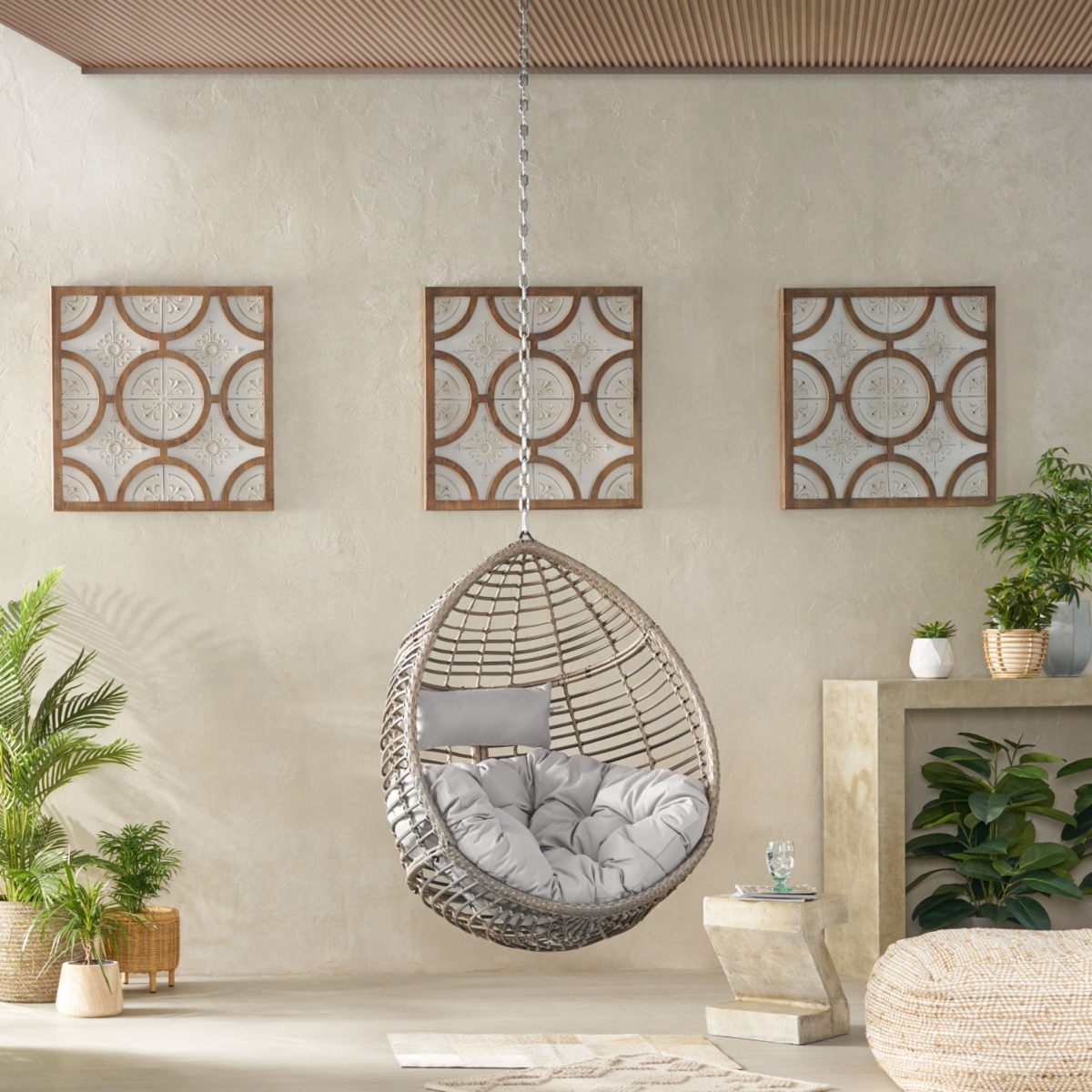 Elegant Teardrop Rattan Hanging Chair With Plush Cushions - Grey