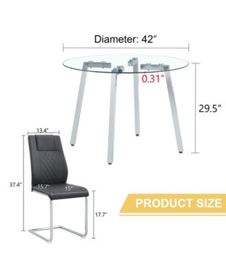Table and chair set.A Modern Minimalist Style Round Clear Tempered Glass Table with silver Metal Legs.Paired with 4 chairs with Modern PU Leather High Back Upholstered and C-Tube Chrome Legs.