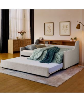 Twin Size Upholstery Sofa Bed with Three LED lights, with Storage Adjustable Headboard, with Foldable Leg Pull up Trundle Bed and Wireless Charging, Linen Padded Sofa Bed frame, Beige