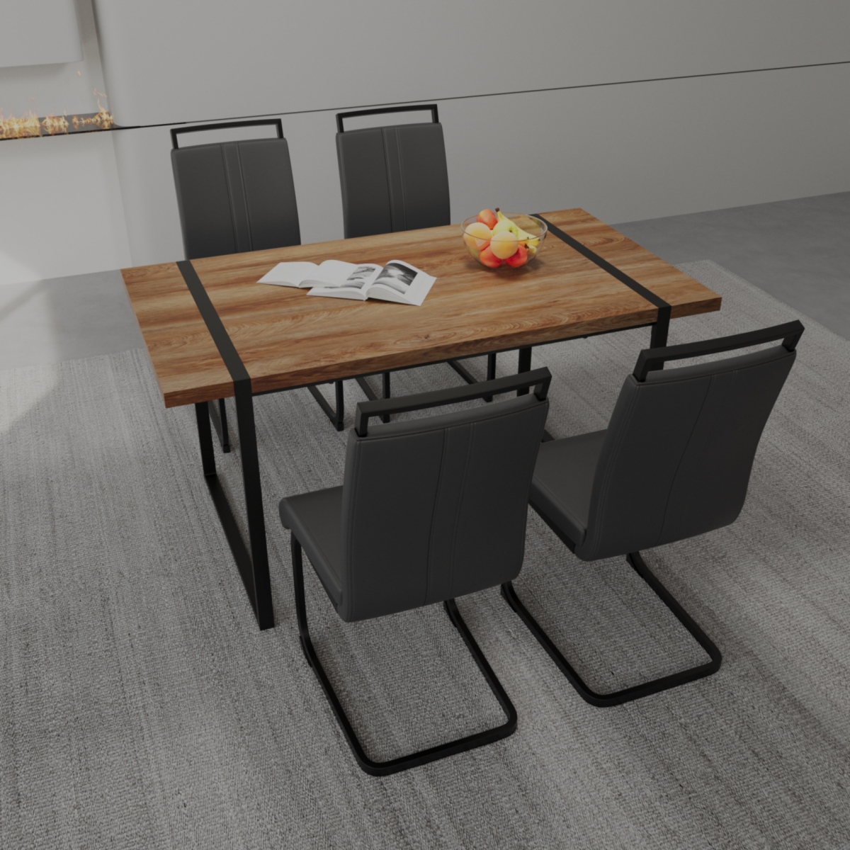 Streamdale Furniture 59" Rural Industrial Rectangular Mdf Wood Color Dining Table Set and Pu Armless Dining Chair Set 4. Kitchen Black Metal Table Leg