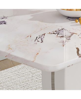 Table and chair set, modern luxurious white imitation marble pattern MDF dining table, rectangular dining table, matched with uniquely shaped PU high backrest seats, Suitable for various occasions.