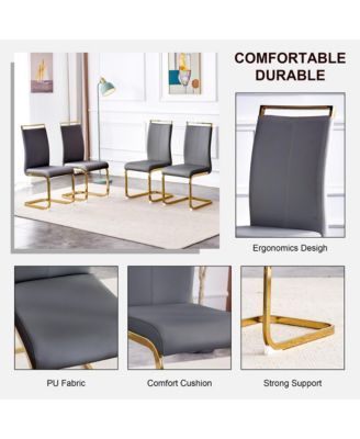 Simplie Fun Table and chair set.Large modern rectangular table with 0.4 inch patterned glass tabletop and large MDF table legs.Comes with 6 chairs with faux leather cushioned seats and golden metal legs