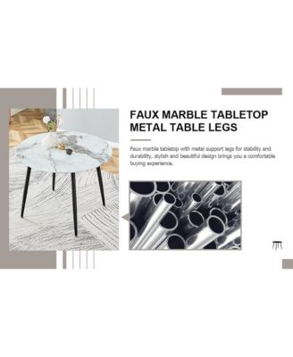 Table and chair set. Large modern white imitation marble patterned round table with black metal legs. Nice minimalism, comfortable seats and black metal legs.