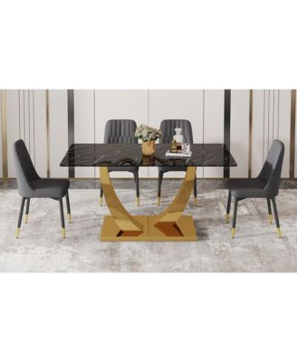 Table and chair set.Modern rectangular dining table with black textured stickers glass tabletop and gold plated metal legs.Paired with 4 comfortable chairs with PU seats and black metal legs.