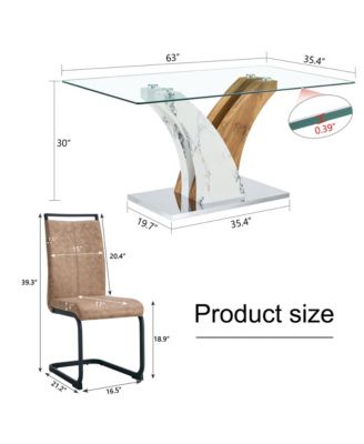 Table and chair set.Modern dining table, tempered glass countertop with artistic MDF legs.Paired with 6 comfortable chairs with PU seats and metal legs. Suitable for various decoration styles.