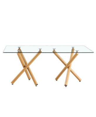 Simplie Fun Large Modern Minimalist Rectangular Glass Dining Table for 6-8 with 0.39" Tempered Glass Tabletop and Wood Color Metal Legs, for Kitchen Dining Living Meeting Room Banquet hall