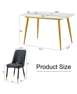 Table and chair set.A morden table with White imitation marble patterned stone burning tabletop with golden metal legs.Paired with 4 chairs with PU leather backrest and black metal legs.