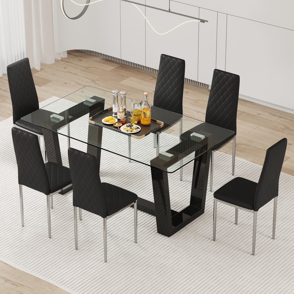 Streamdale Furniture Table and chair set.a rectangular dining table features with tempered glass top and sleekMdf stand.Paired with 6 Pu chairs