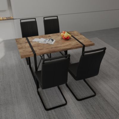 55" Rural Industrial Rectangular MDF Dark Wood Dining Table Set and PU Armless Dining Chair Set 4, Kitchen Black Metal Table Leg Dining Chair Set