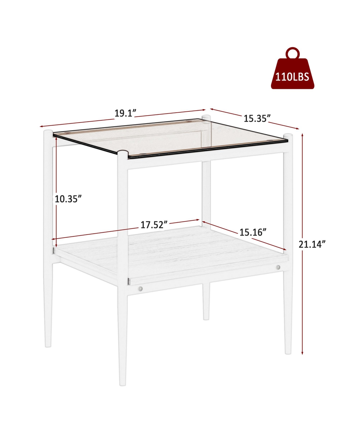 Streamdale Furniture Set of 2 Rectangle End Table, Tempered Glass Tabletop with Mdf layer, Modern Table for Living Room,Glass - Brown