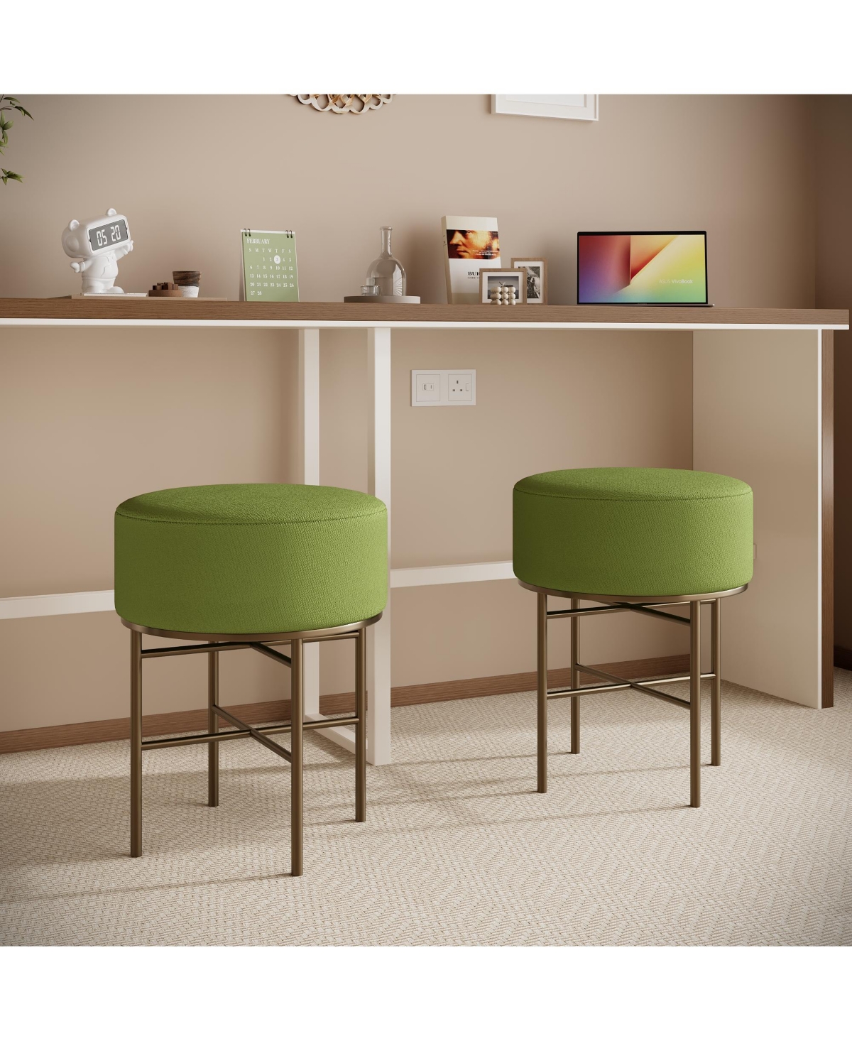 Streamdale Furniture 2 pcs Round Cushioned Vanity Stool, Linen Upholstered Vanity Stool for Makeup Room, Modern Soft Stool for Bar and Dining, Ottoman