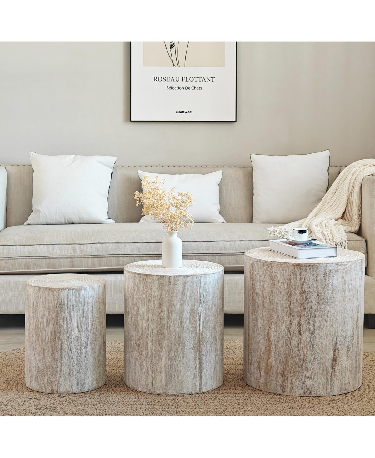 Streamdale Furniture Set of 3 Whitewash Wood Coffee Table with clear and visible tree rings
