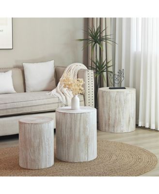 Set of 3 Whitewash Wood Coffee Table with clear and visible tree rings