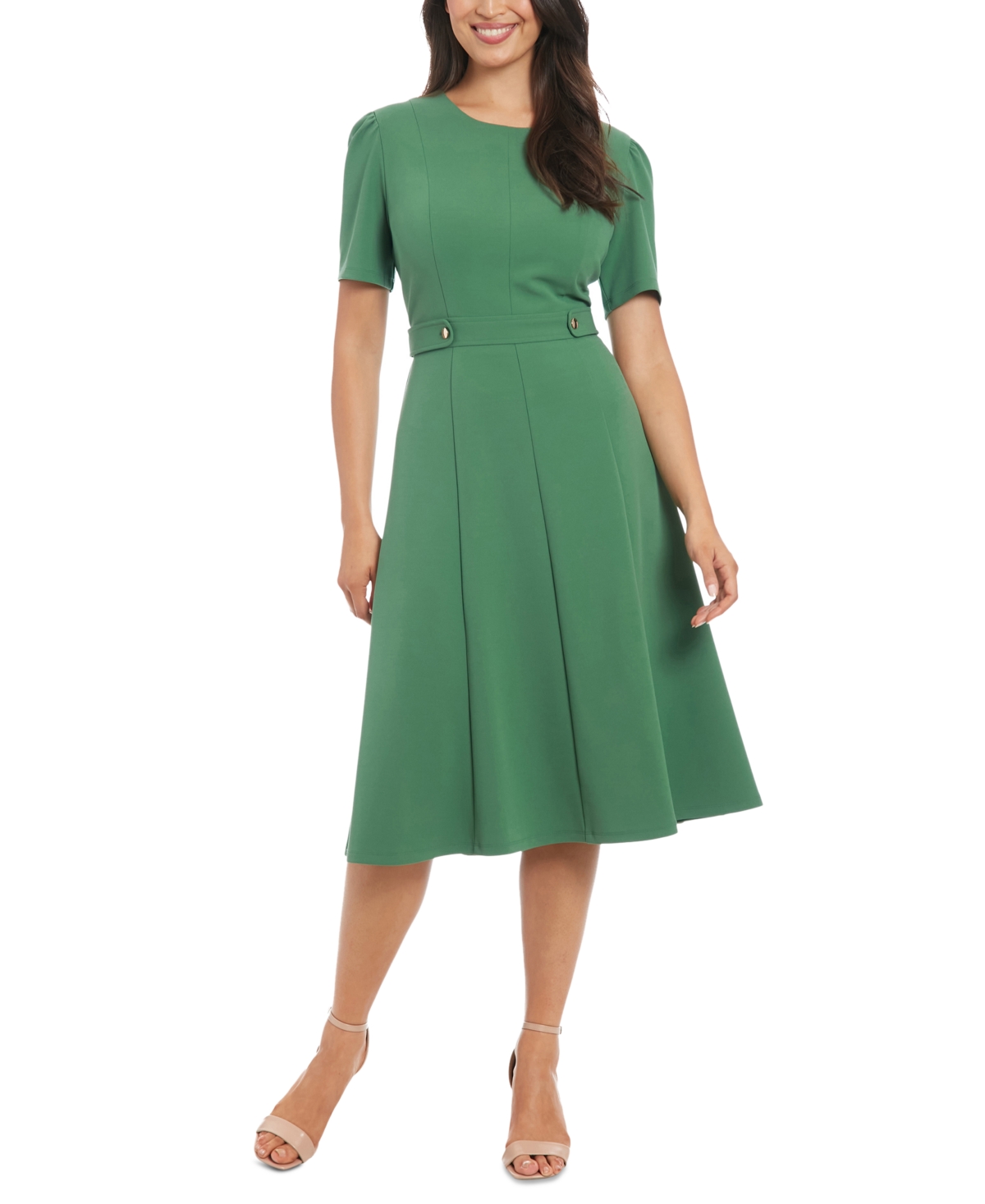 London Times Women's Puff-Sleeve Tab-Detail Fit & Flare Dress