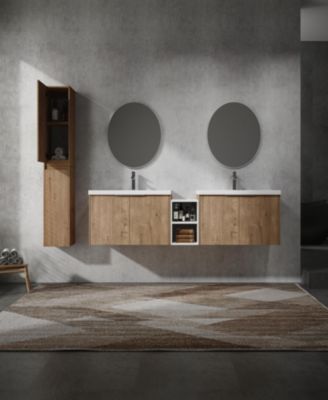2-Pc Plywood 84" Wall-Mounted Bathroom Vanity with Resin Sink, Soft-Close Doors & Side Cabinet