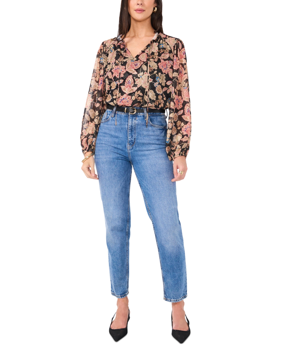 Vince Camuto Women's Printed Tie-Neck Peasant Top