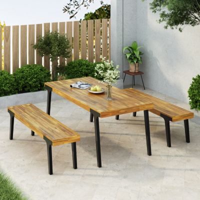  Acacia Outdoor Dining Set Table + 2 Benches