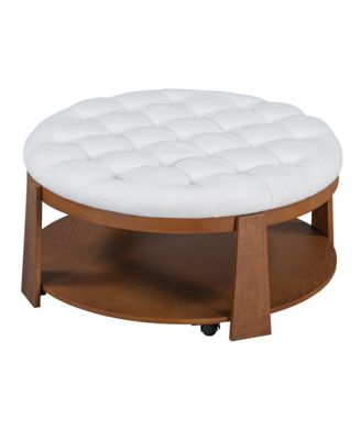 Modern Large Round Ottoman Coffee Table 2-Tier Oversized Button Tufted Ottoman with Wood Shelf Storage Upholstered Coffee Table for Living Room Footrest Ottoman with wheel, waterproof Linen