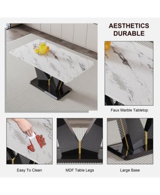 Table and chair set, white imitation marble texture glass tabletop, black MDF table legs, stable and beautiful. Modern simple dining table, comfortable seating.