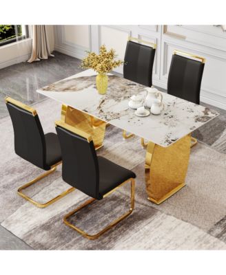 Table and chair set, rock plate table top, gold metal table legs, stable and beautiful, suitable for most home styles. Modern simple dining table, comfortable seating.