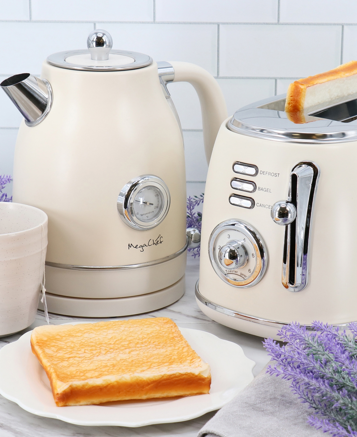 Megachef 1.7 Liter Electric Tea Kettle And 2 Slice Toaster In Cream
